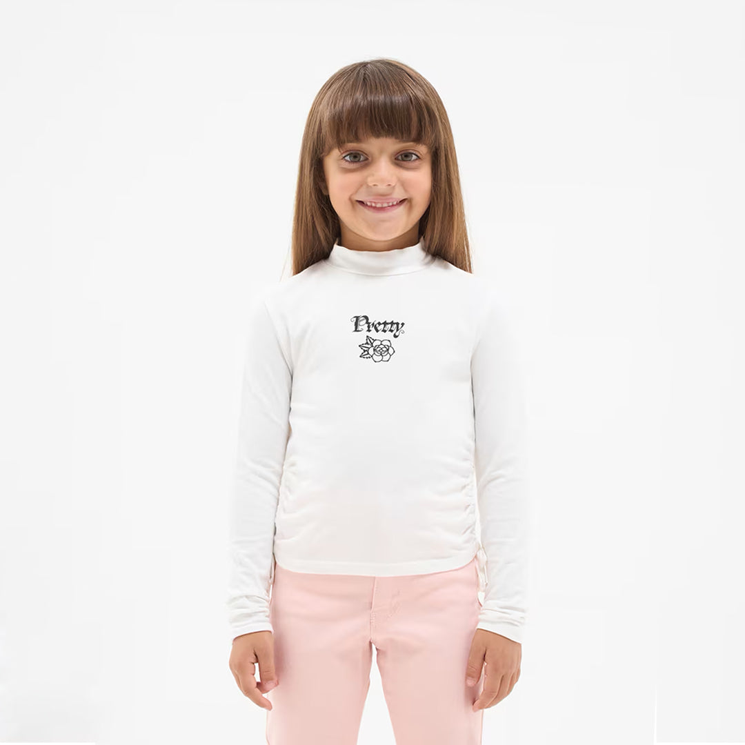 Turtleneck T-Shirt with Gathering and Writing