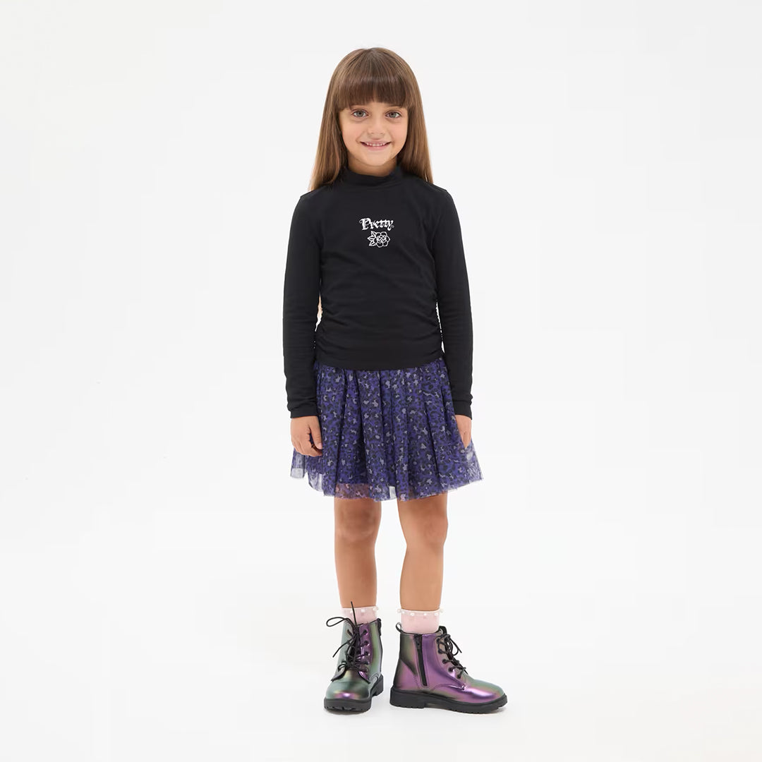 Turtleneck T-Shirt with Gathering and Writing