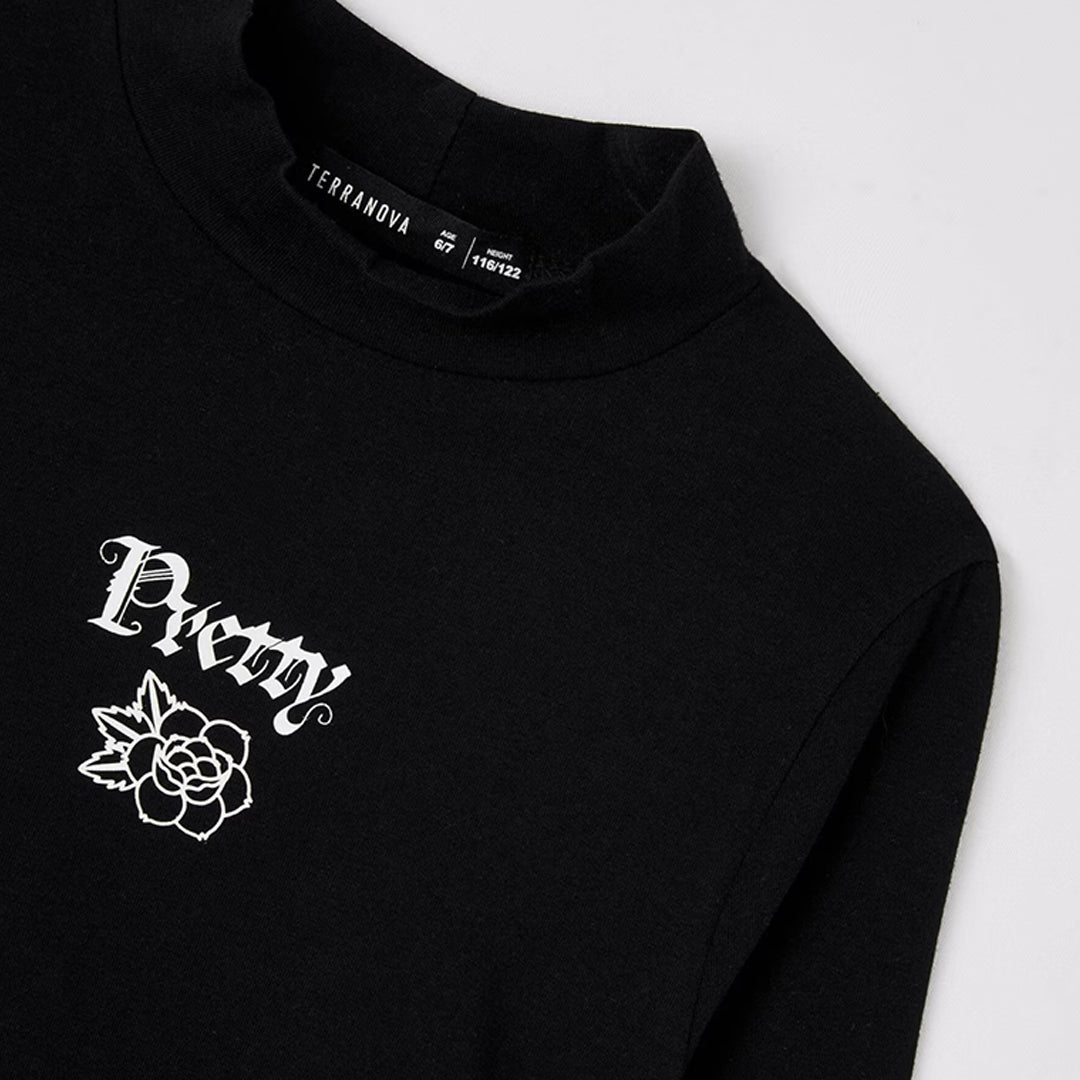 Turtleneck T-Shirt with Gathering and Writing
