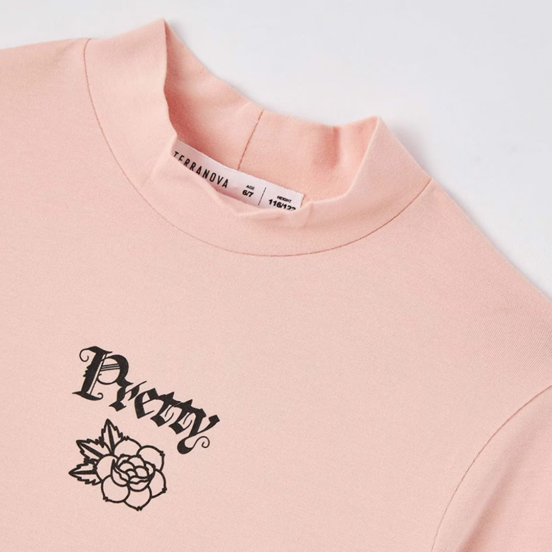 Turtleneck T-Shirt with Gathering and Writing