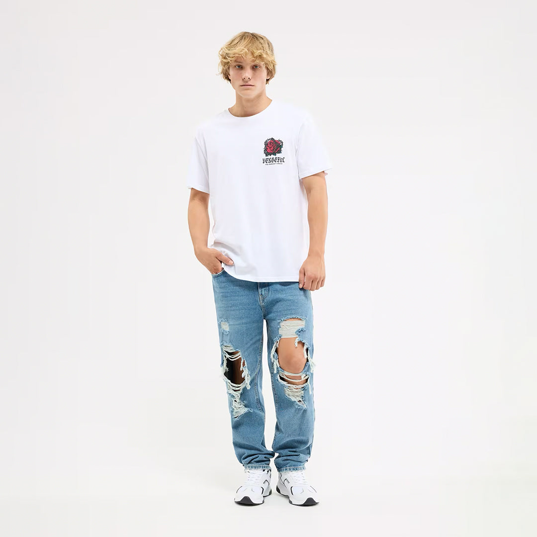 Crew Neck T-Shirt with Rose Print and Gothic Writing