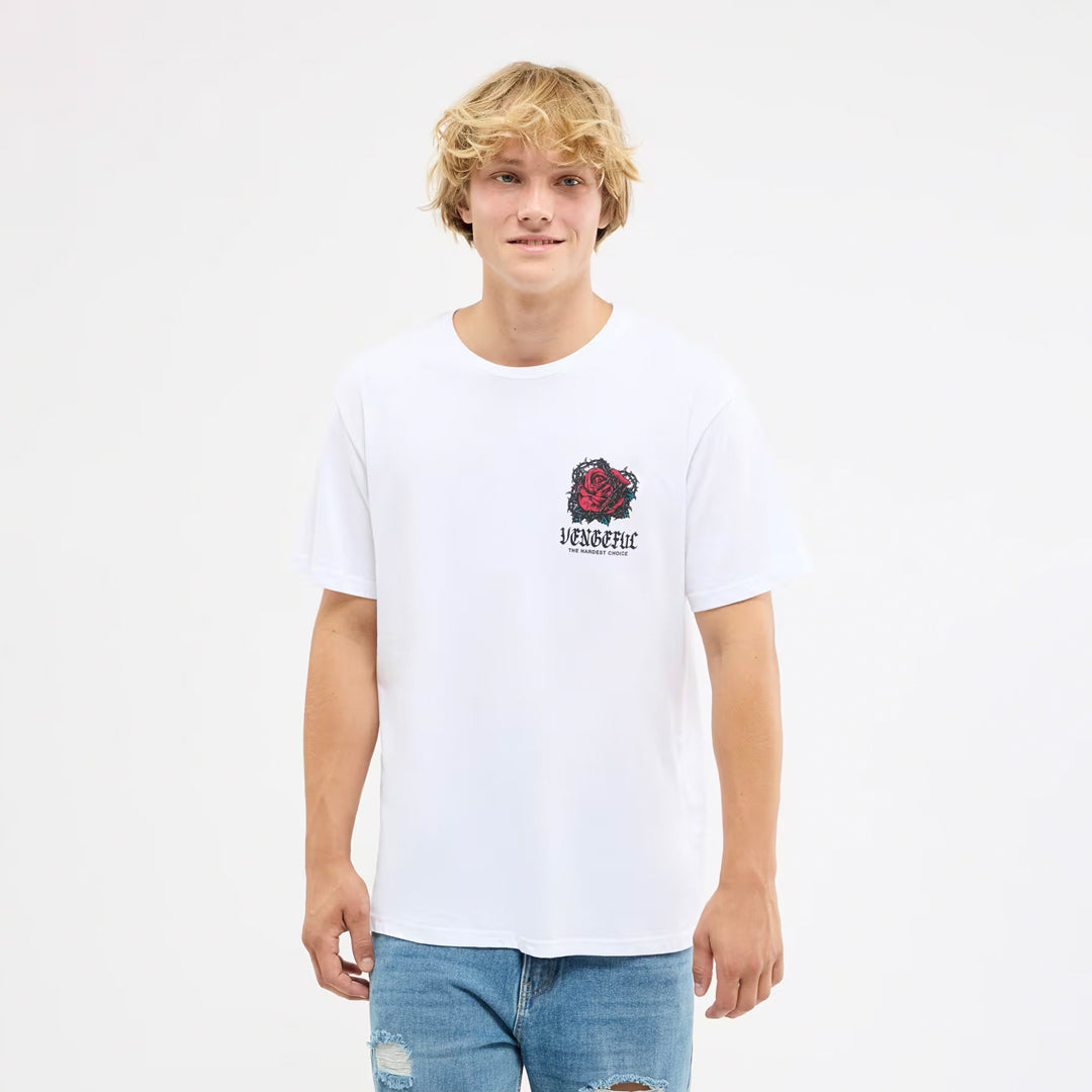 Crew Neck T-Shirt with Rose Print and Gothic Writing