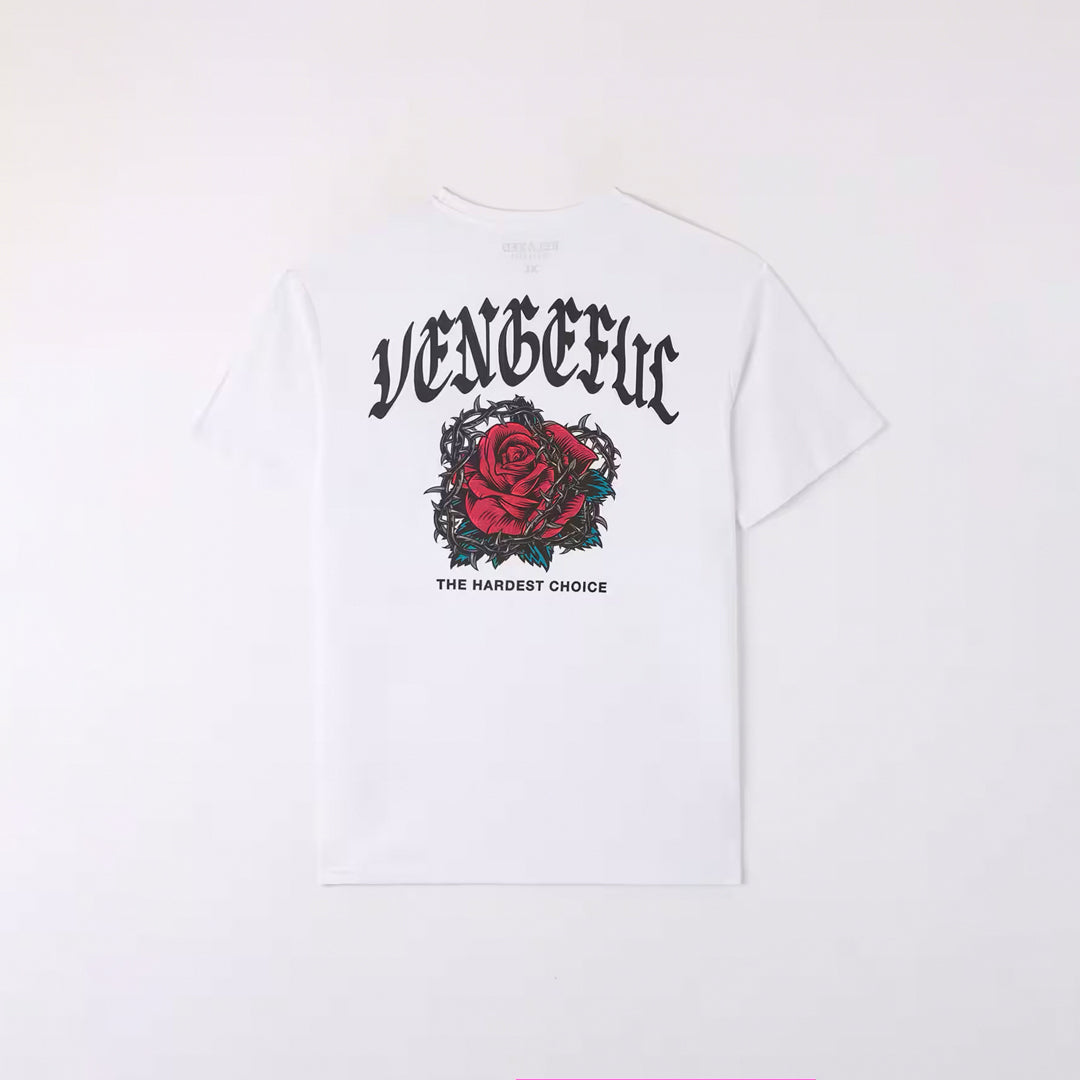 Crew Neck T-Shirt with Rose Print and Gothic Writing