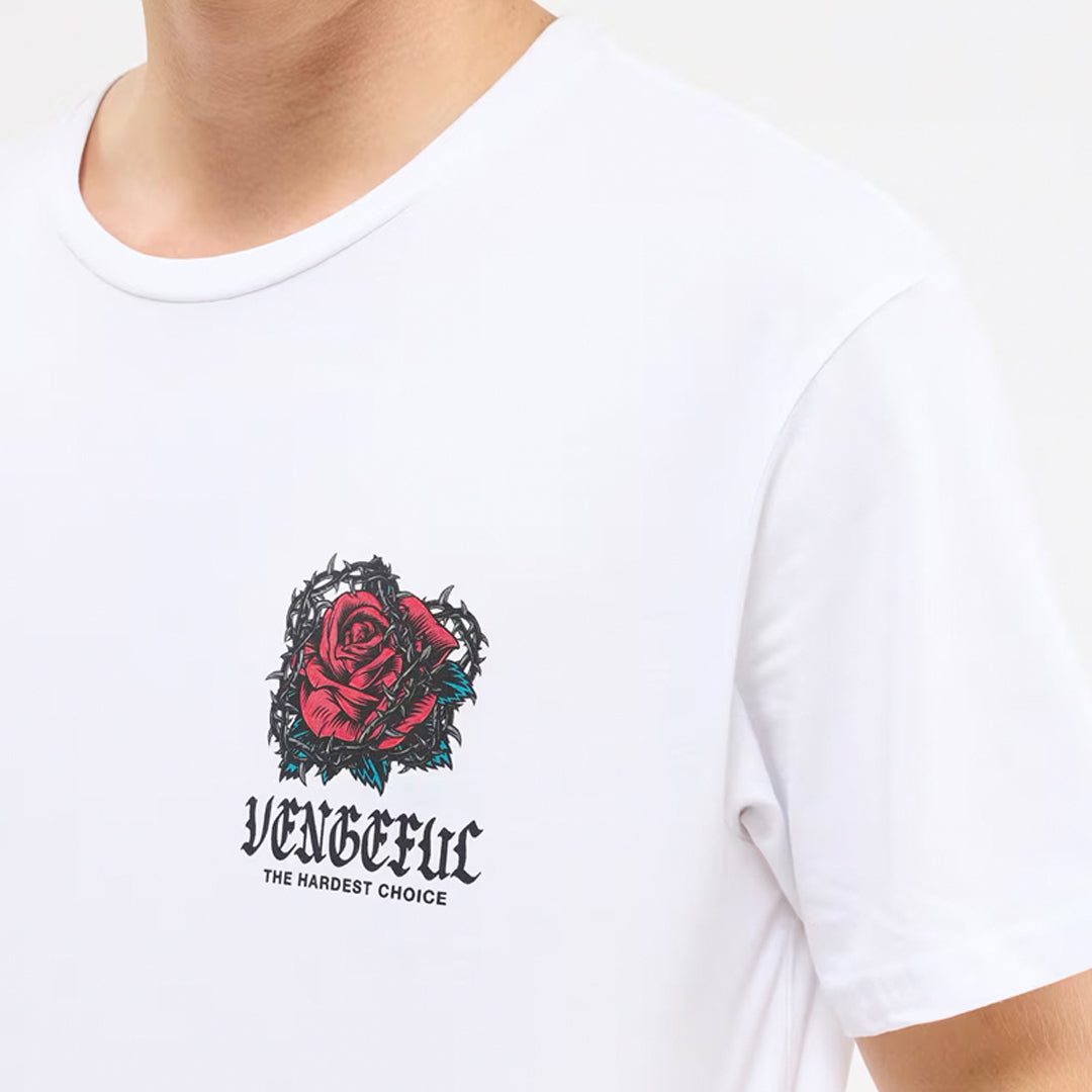 Crew Neck T-Shirt with Rose Print and Gothic Writing