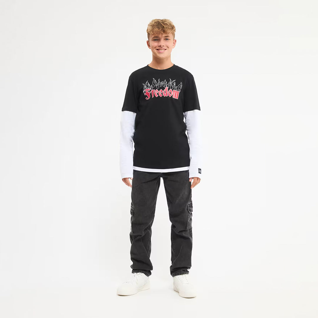 Flames and Black Writing Crew Neck Long Sleeve T-Shirt