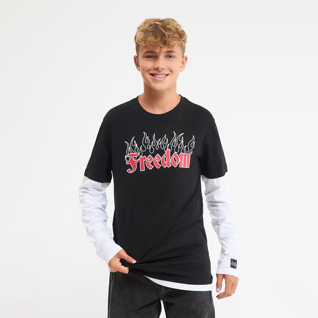 Flames and Black Writing Crew Neck Long Sleeve T-Shirt