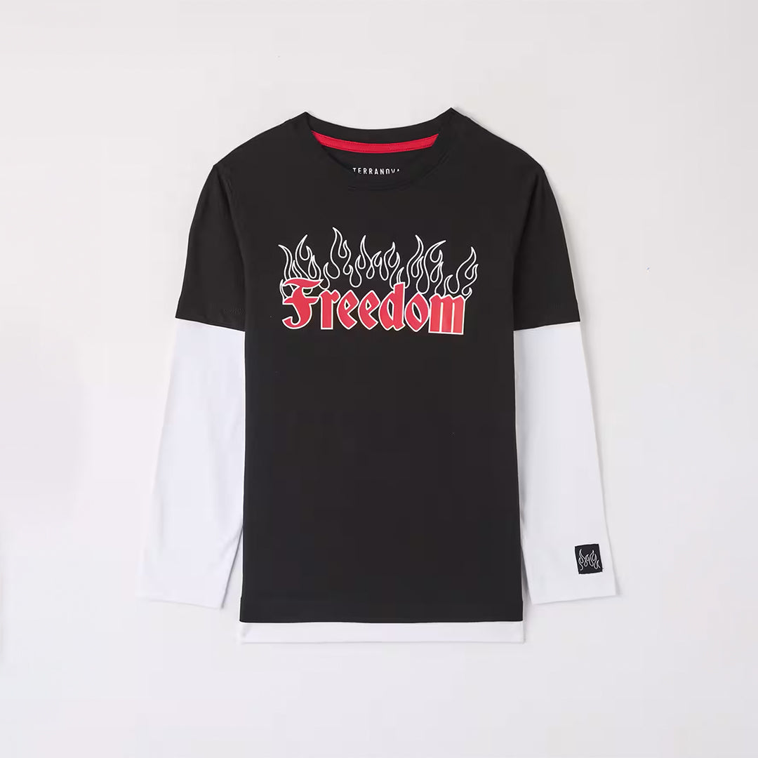 Flames and Black Writing Crew Neck Long Sleeve T-Shirt