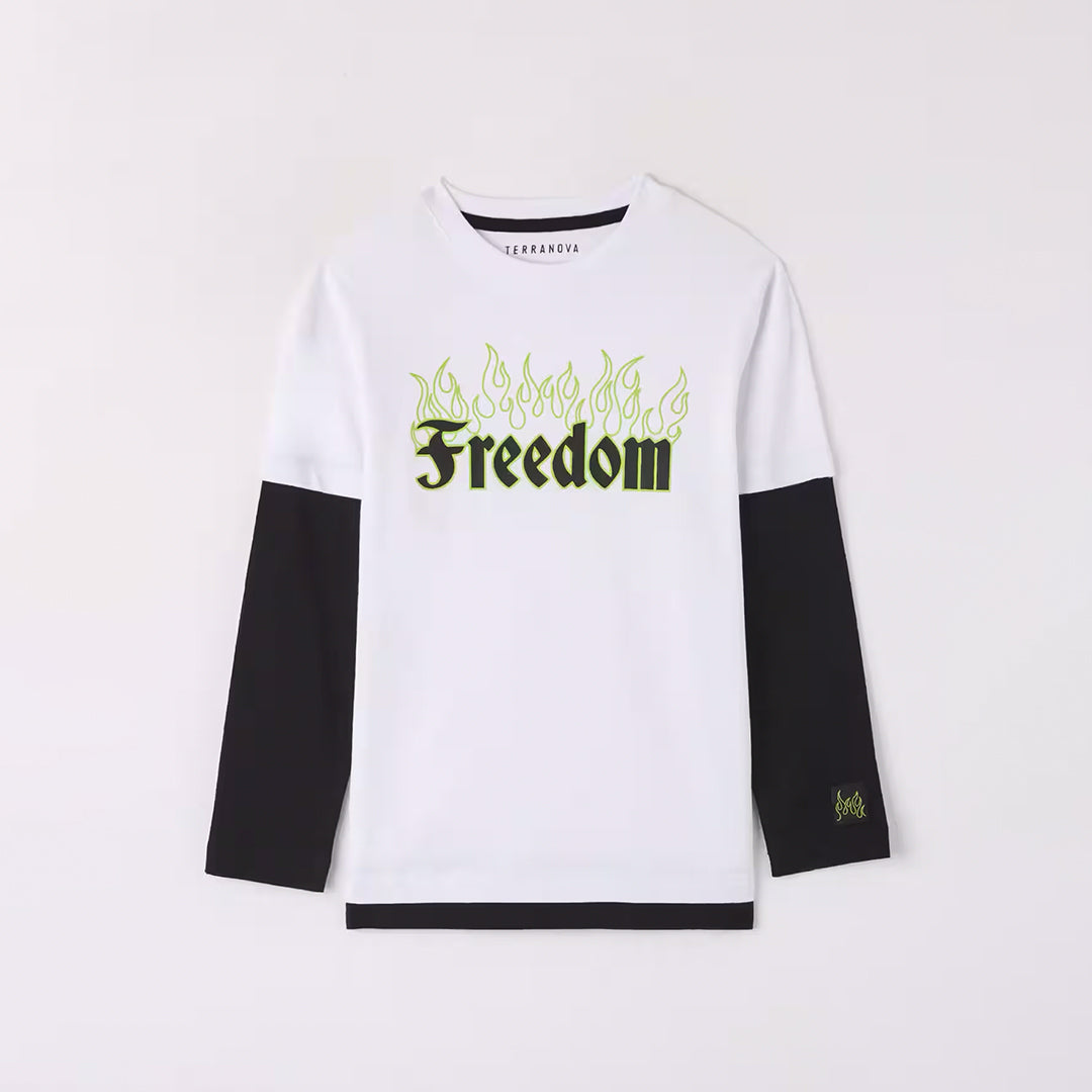 Flames and Black Writing Crew Neck Long Sleeve T-Shirt