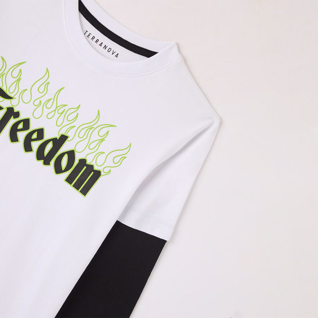 Flames and Black Writing Crew Neck Long Sleeve T-Shirt