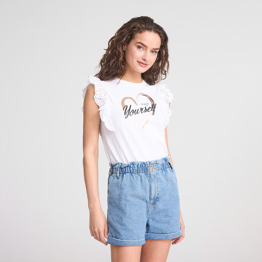 Crew Neck Broderie Anglaise Flounces T-Shirt