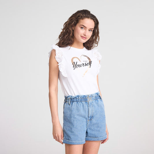Crew Neck Broderie Anglaise Flounces T-Shirt