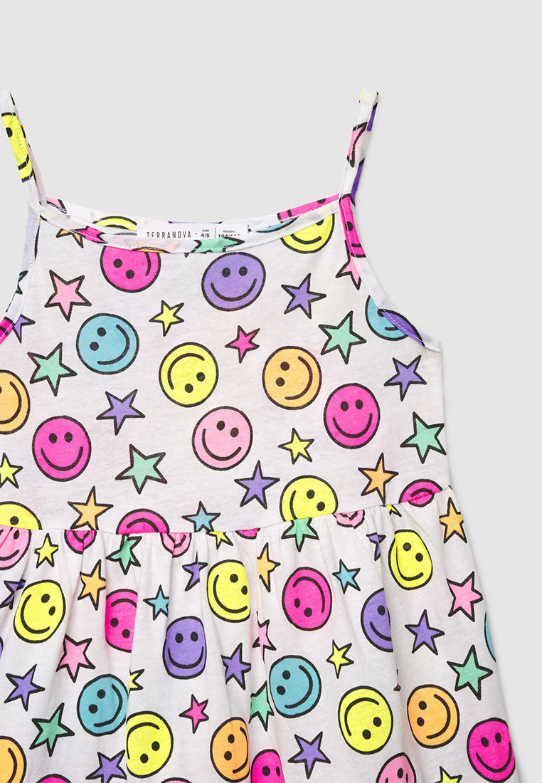 Smiley Print Ruffle Dress for Girls