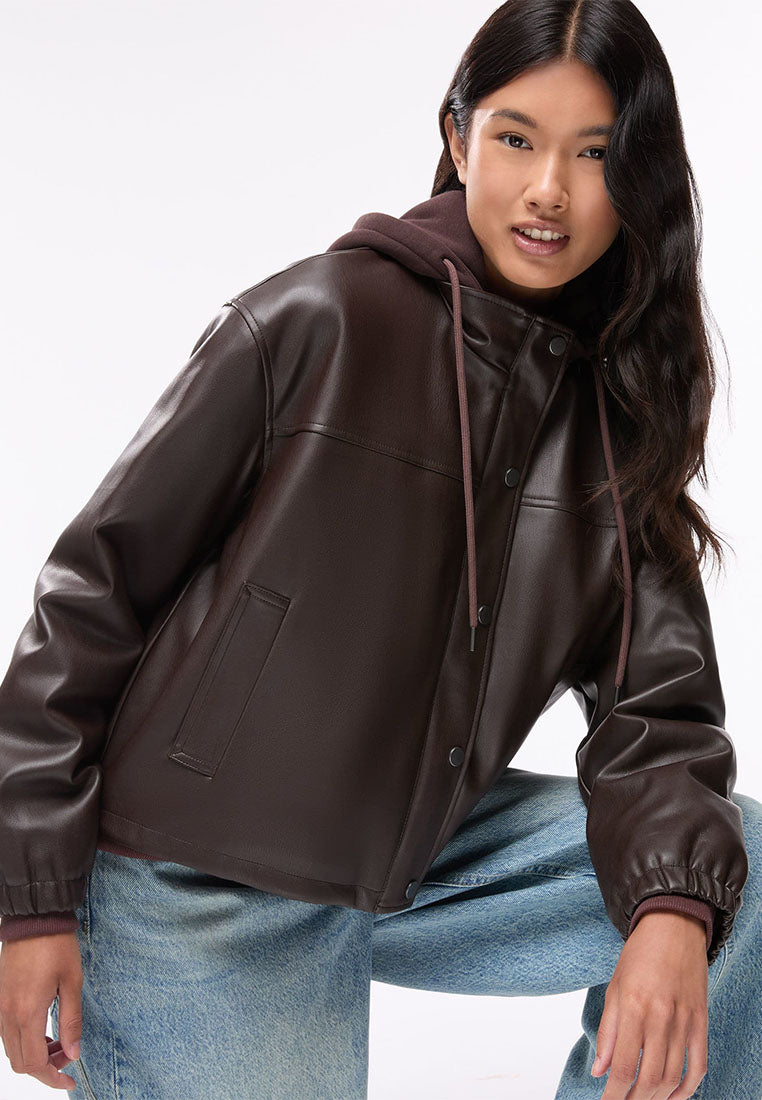 Women's Bomber Jacket with Hood and Snap Buttons