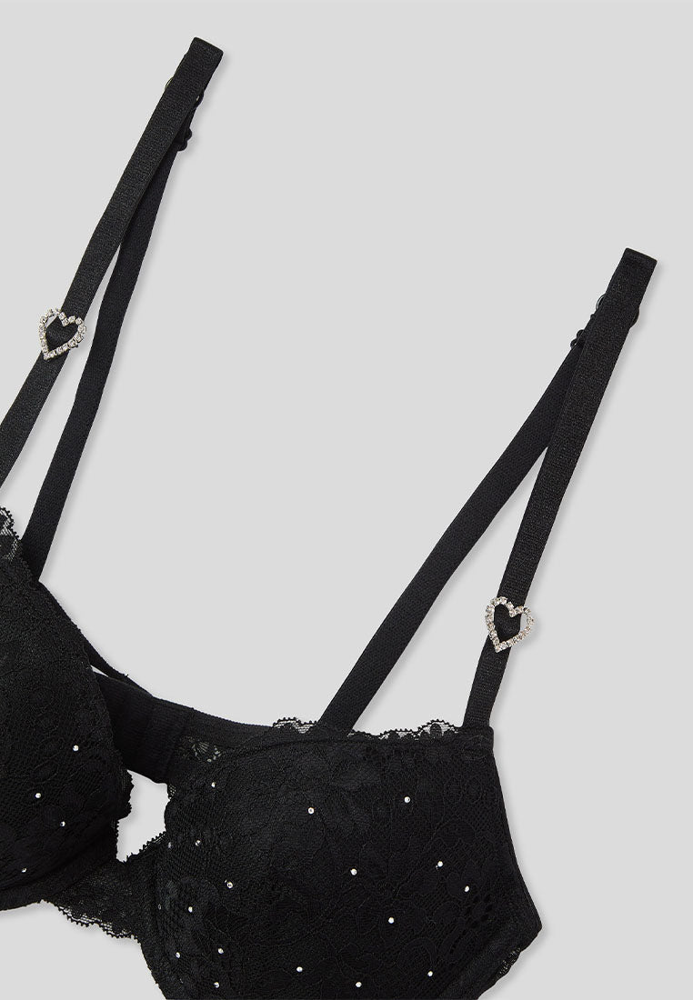 Women's Rhinestone & Heart Detail Lace Push-Up Bra