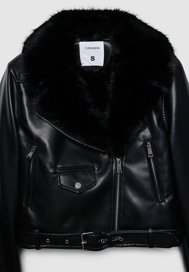 Women's Faux Leather Moto Jacket with Faux Fur Collar
