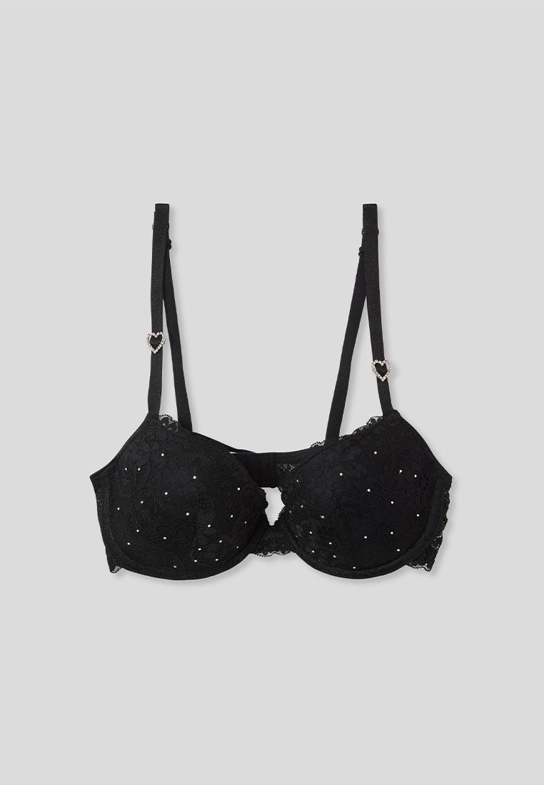 Women's Rhinestone & Heart Detail Lace Push-Up Bra