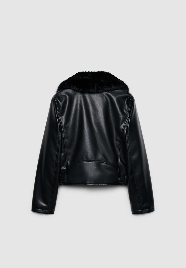 Women's Faux Leather Moto Jacket with Faux Fur Collar