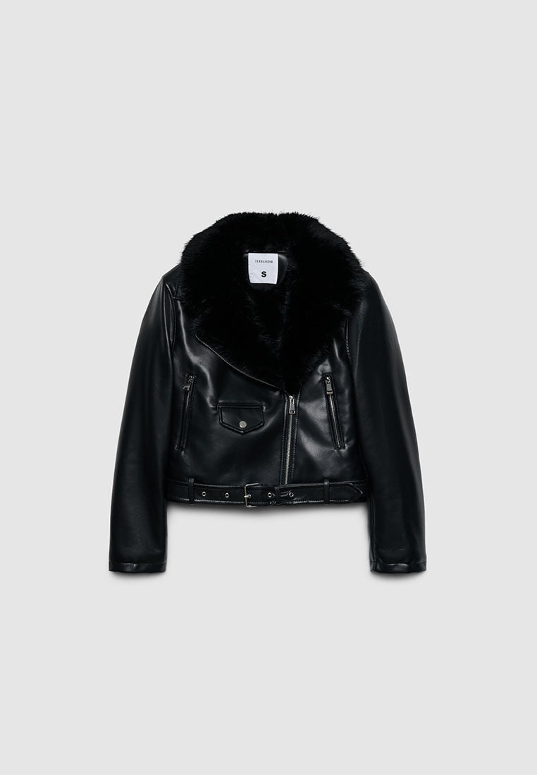 Women's Faux Leather Moto Jacket with Faux Fur Collar
