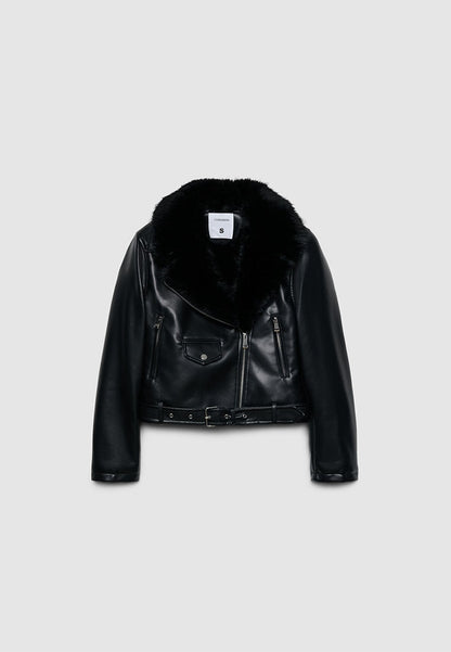 Women's Faux Leather Moto Jacket with Faux Fur Collar
