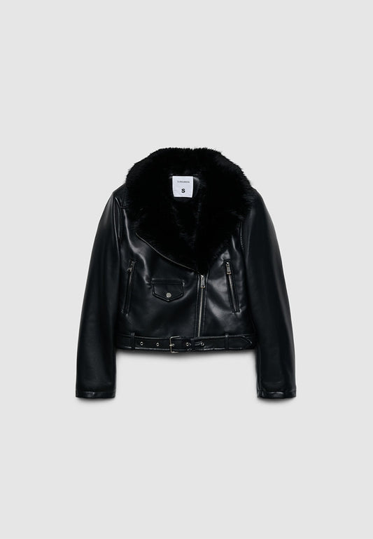 Women's Faux Leather Moto Jacket with Faux Fur Collar