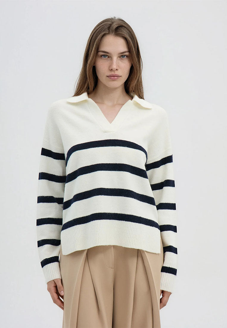 Women's Striped polo collar sweater