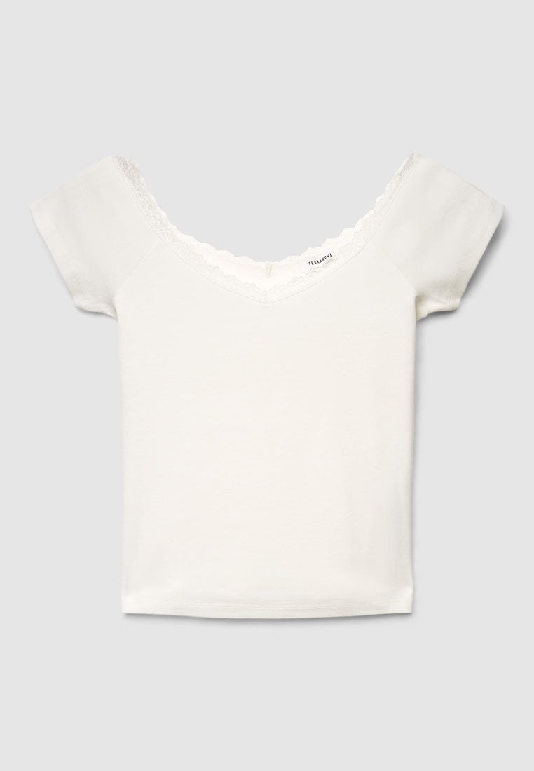 Women's V-neck Lace Trim Short Sleeves T-Shirt