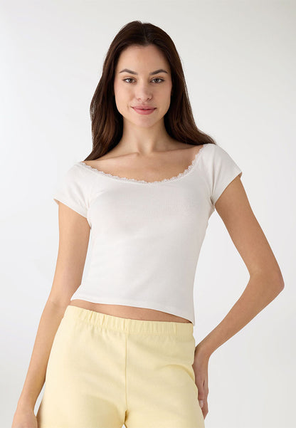 Women's V-neck Lace Trim Short Sleeves T-Shirt