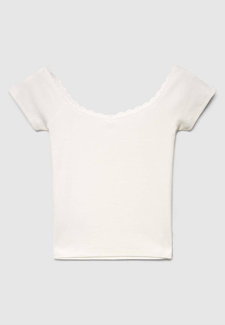 Women's V-neck Lace Trim Short Sleeves T-Shirt