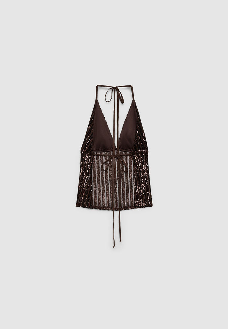 Women's Deep V-Neck Sequin Halter Top