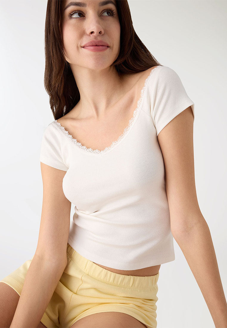 Women's V-neck Lace Trim Short Sleeves T-Shirt