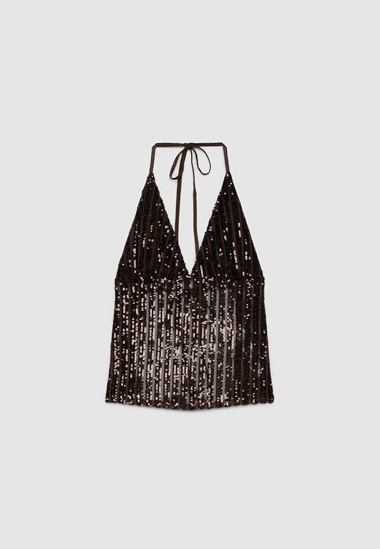 Women's Deep V-Neck Sequin Halter Top