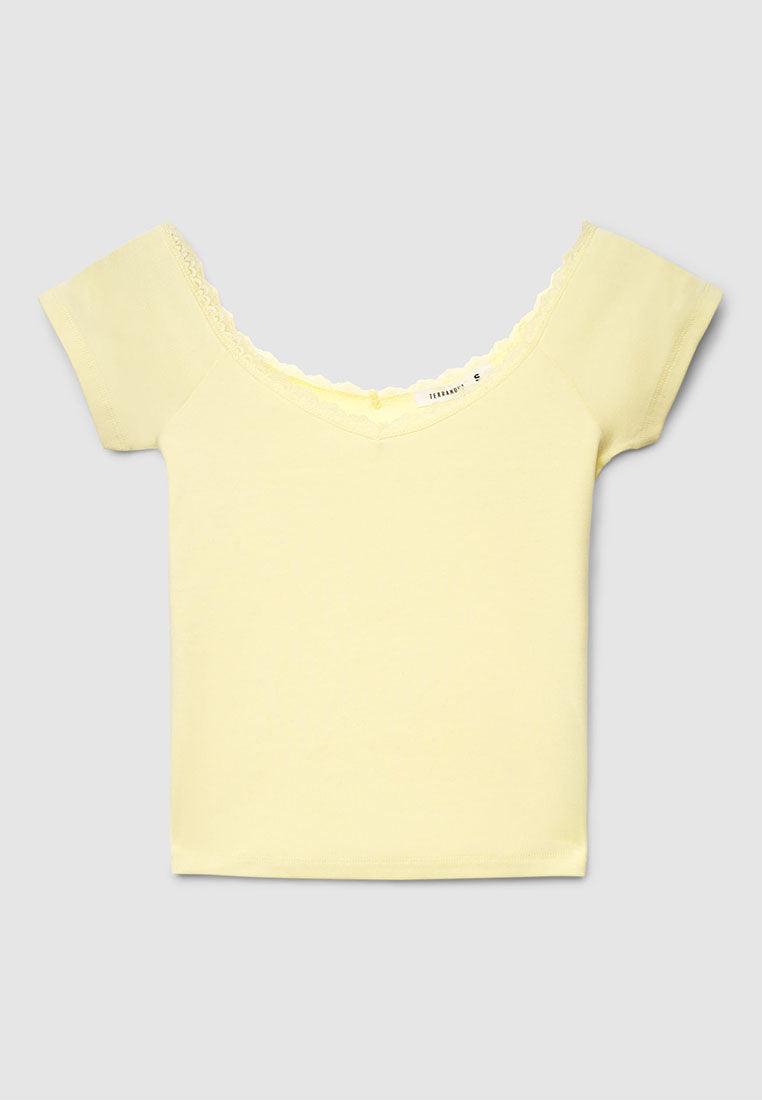 Women's V-neck Lace Trim Short Sleeves T-Shirt