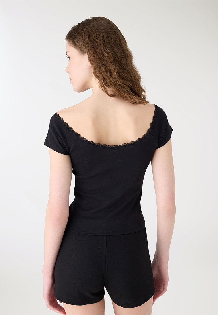 Women's V-neck Lace Trim Short Sleeves T-Shirt