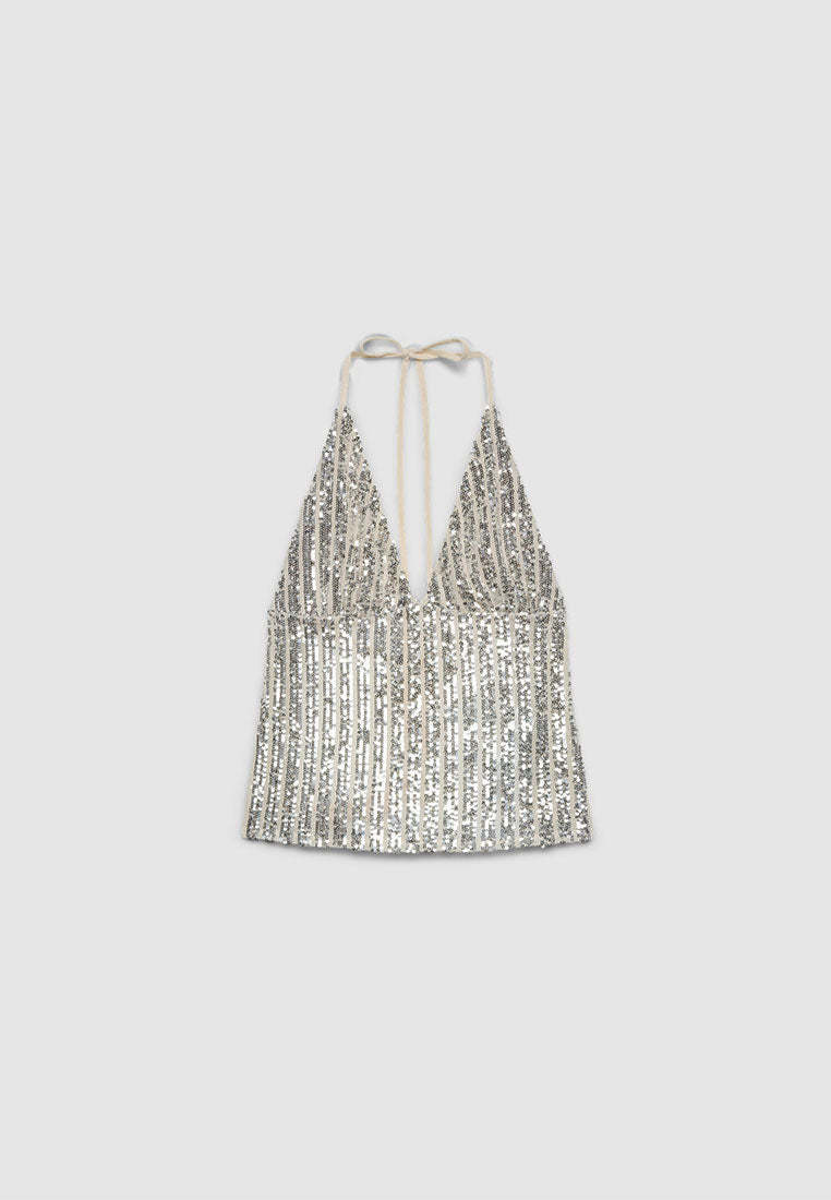 Women's Deep V-Neck Sequin Halter Top