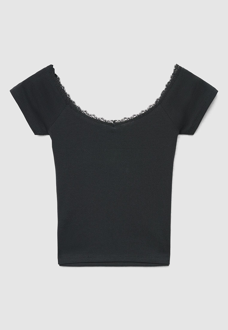 Women's V-neck Lace Trim Short Sleeves T-Shirt