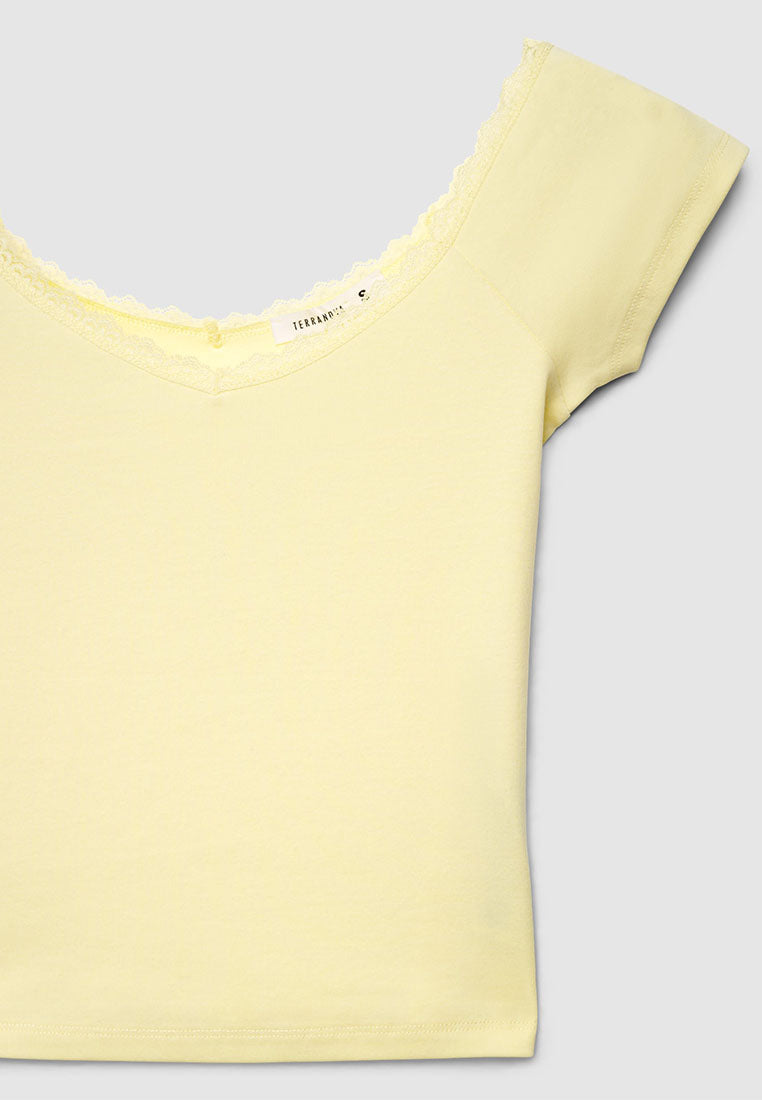 Women's V-neck Lace Trim Short Sleeves T-Shirt