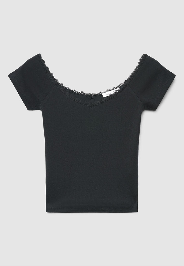 Women's V-neck Lace Trim Short Sleeves T-Shirt