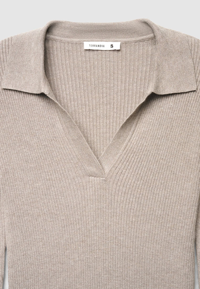 Women's Ribbed knit polo collar sweater