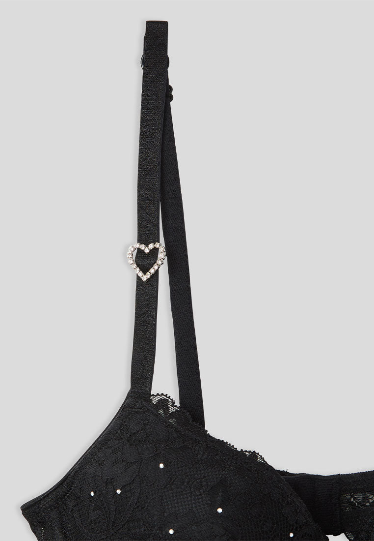 Women's Rhinestone & Heart Detail Lace Push-Up Bra