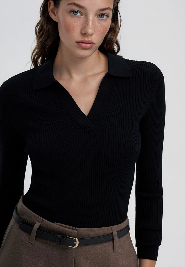 Women's Ribbed knit polo collar sweater