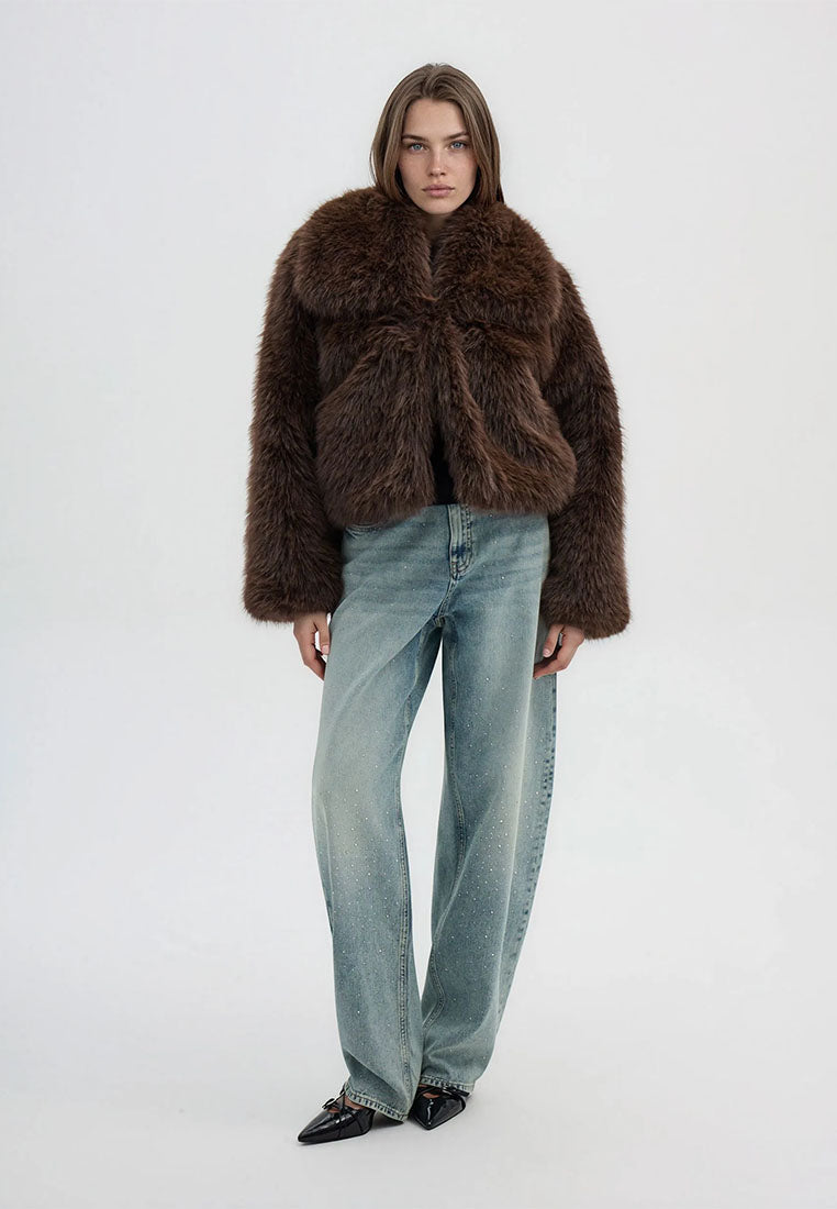 Women's Cropped jacket with long faux fur collar