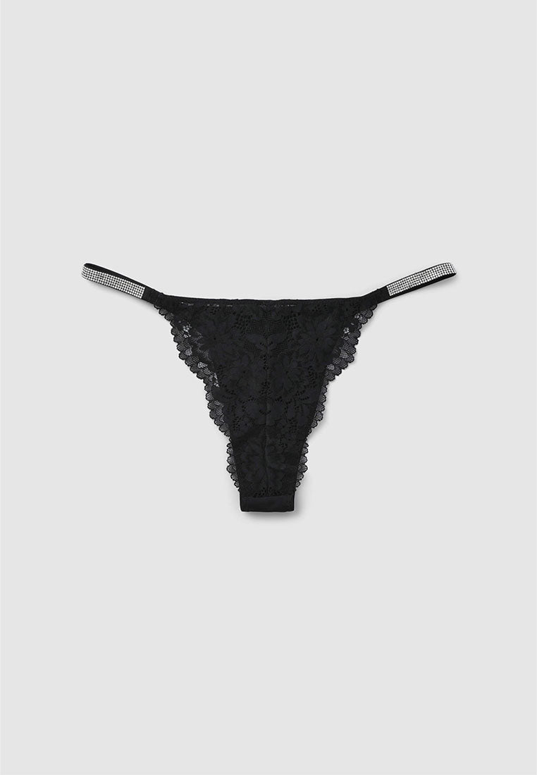 Women's Rhinestone Strap Floral Lace Thong