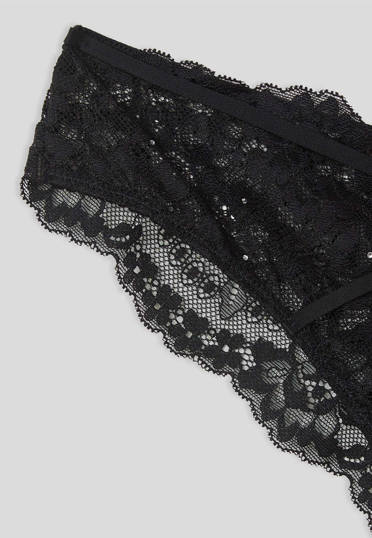 Women's Rhinestone Heart Lace Brazilian Briefs