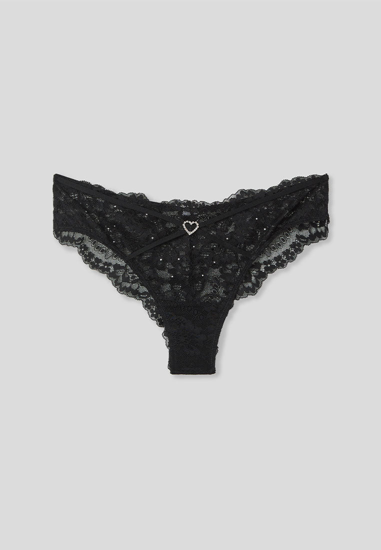 Women's Rhinestone Heart Lace Brazilian Briefs