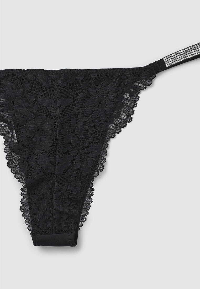 Women's Rhinestone Strap Floral Lace Thong