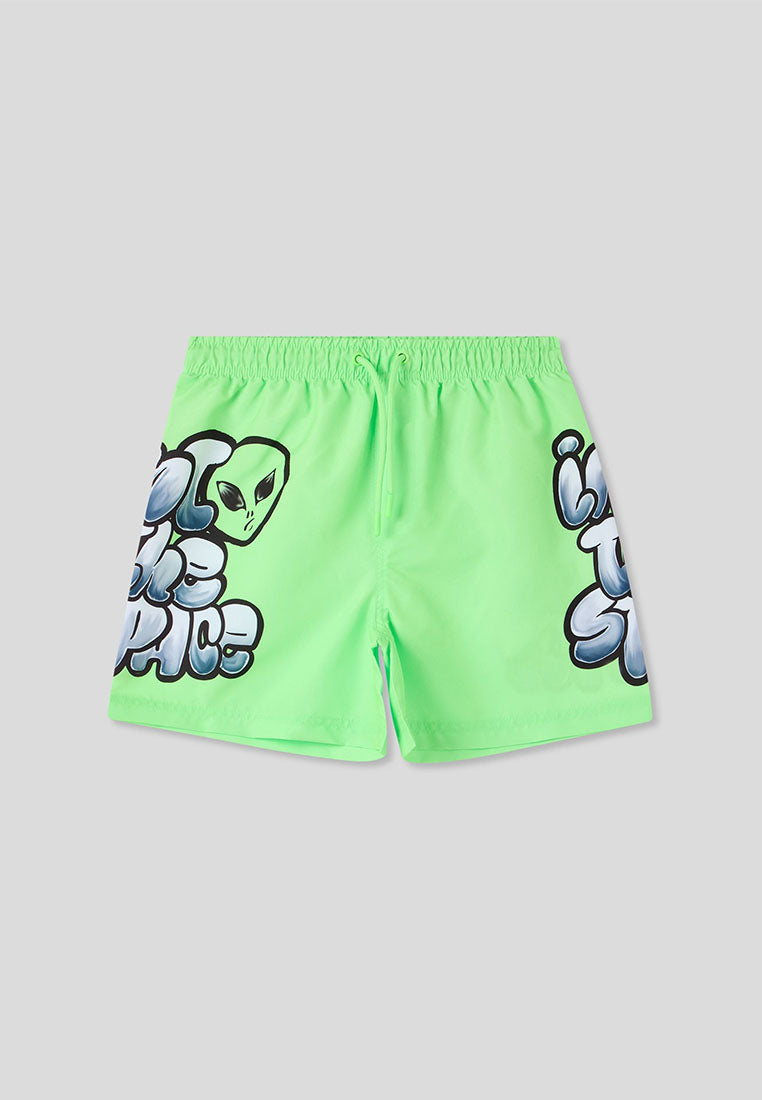 Graffiti Alien Print Swim Trunks for Boys