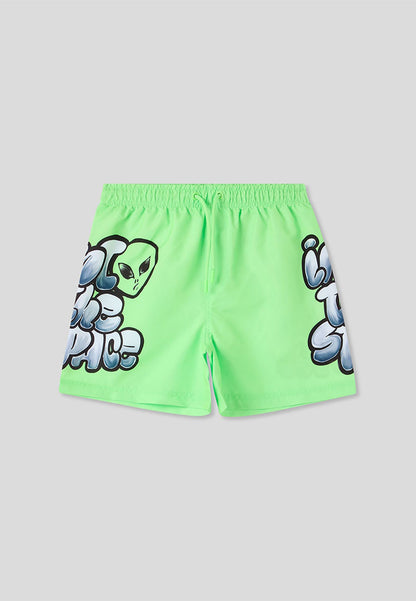 Graffiti Alien Print Swim Trunks for Boys