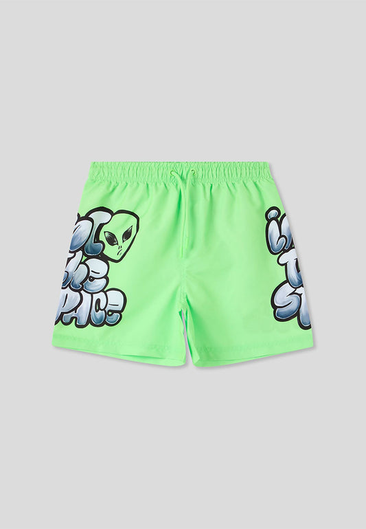 Graffiti Alien Print Swim Trunks for Boys