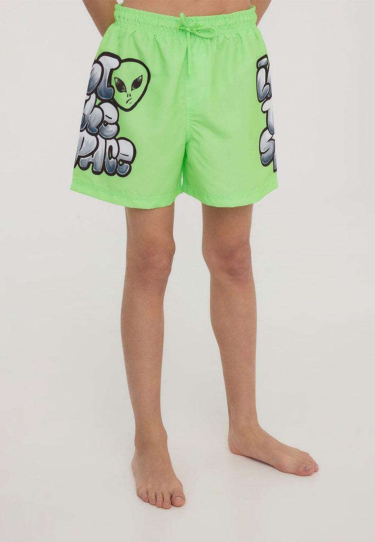 Graffiti Alien Print Swim Trunks for Boys