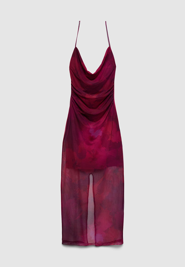 Women's Mesh Drape-Neck Midi Dress